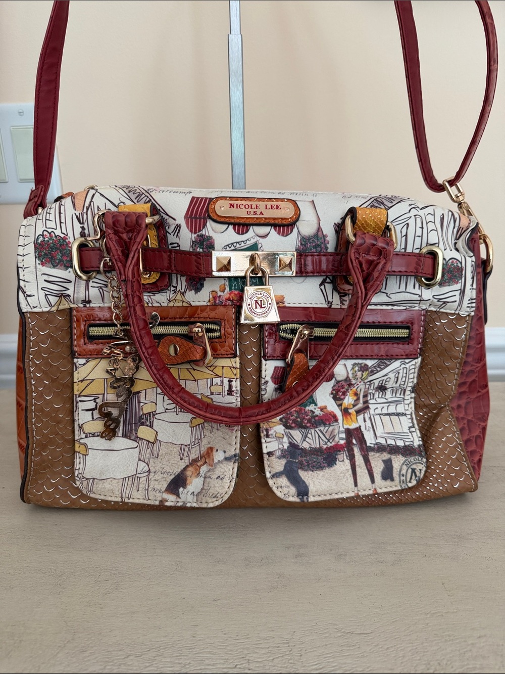 Nicole Lee Multi-Panel Satchel in Burgundy, Tan and Cream with Graphic Print